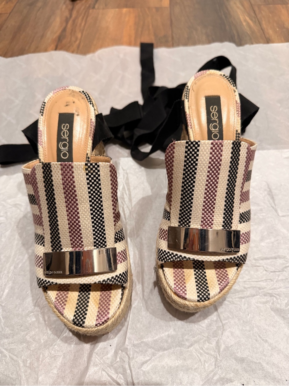 Sergio Rossi Black Ribbon Espadrille Sandals with Striped Woven Upper